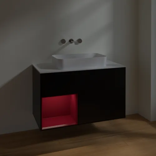 Bild von VILLEROY BOCH Finion Waschbeckenunterschrank, mit Beleuchtung, 2 Auszüge, 1000 x 603 x 501 mm, Black Matt Lacquer / Peony Matt Lacquer / Glass White Matt #F651HBPD