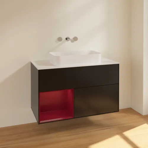Bild von VILLEROY BOCH Finion Waschbeckenunterschrank, mit Beleuchtung, 2 Auszüge, 1000 x 603 x 501 mm, Black Matt Lacquer / Peony Matt Lacquer / Glass White Matt #F651HBPD