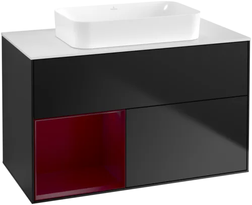 Bild von VILLEROY BOCH Finion Waschbeckenunterschrank, mit Beleuchtung, 2 Auszüge, 1000 x 603 x 501 mm, Black Matt Lacquer / Peony Matt Lacquer / Glass White Matt #F651HBPD