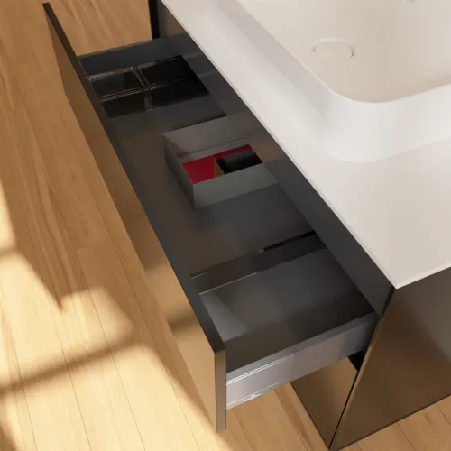Bild von VILLEROY BOCH Finion Waschbeckenunterschrank, mit Beleuchtung, 2 Auszüge, 1000 x 603 x 501 mm, Black Matt Lacquer / Peony Matt Lacquer / Glass White Matt #F651HBPD