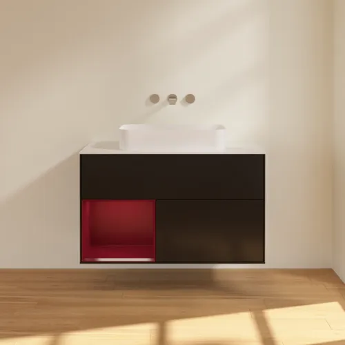 Bild von VILLEROY BOCH Finion Waschbeckenunterschrank, mit Beleuchtung, 2 Auszüge, 1000 x 603 x 501 mm, Black Matt Lacquer / Peony Matt Lacquer / Glass White Matt #F651HBPD