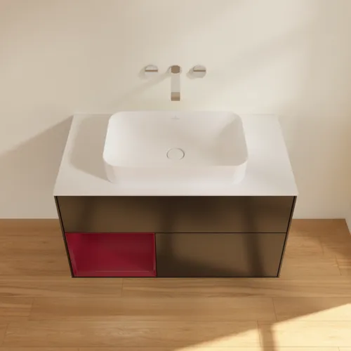 Bild von VILLEROY BOCH Finion Waschbeckenunterschrank, mit Beleuchtung, 2 Auszüge, 1000 x 603 x 501 mm, Black Matt Lacquer / Peony Matt Lacquer / Glass White Matt #F651HBPD