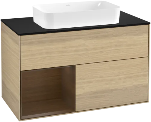 Bild von VILLEROY BOCH Finion Waschbeckenunterschrank, mit Beleuchtung, 2 Auszüge, 1000 x 603 x 501 mm, Oak Veneer / Walnut Veneer / Glass Black Matt #F652GNPC