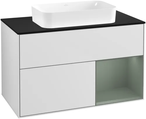 Bild von VILLEROY BOCH Finion Waschbeckenunterschrank, mit Beleuchtung, 2 Auszüge, 1000 x 603 x 501 mm, White Matt Lacquer / Olive Matt Lacquer / Glass Black Matt #F662GMMT