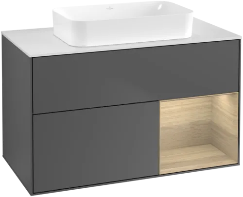 Obrázek VILLEROY BOCH Toaletní skříňka Finion, s osvětlením, 2 výsuvy, 1000 x 603 x 501 mm, antracit matný lak / dubová dýha / sklo bílé matné #F661PCGK