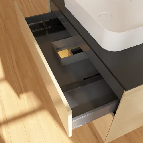 Bild von VILLEROY BOCH Finion Waschbeckenunterschrank, mit Beleuchtung, 2 Auszüge, 1000 x 603 x 501 mm, Oak Veneer / Gold Matt Lacquer / Glass Black Matt #F652HFPC