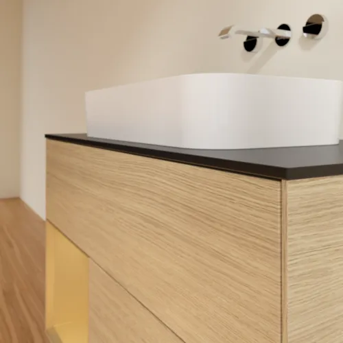 Bild von VILLEROY BOCH Finion Waschbeckenunterschrank, mit Beleuchtung, 2 Auszüge, 1000 x 603 x 501 mm, Oak Veneer / Gold Matt Lacquer / Glass Black Matt #F652HFPC