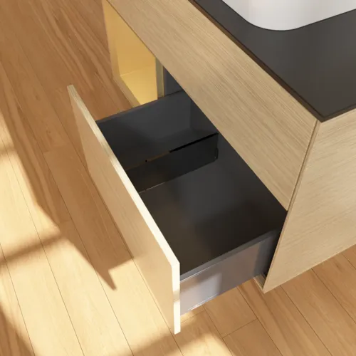 Bild von VILLEROY BOCH Finion Waschbeckenunterschrank, mit Beleuchtung, 2 Auszüge, 1000 x 603 x 501 mm, Oak Veneer / Gold Matt Lacquer / Glass Black Matt #F652HFPC