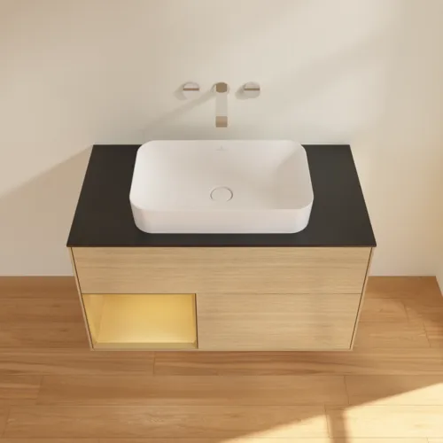 Bild von VILLEROY BOCH Finion Waschbeckenunterschrank, mit Beleuchtung, 2 Auszüge, 1000 x 603 x 501 mm, Oak Veneer / Gold Matt Lacquer / Glass Black Matt #F652HFPC