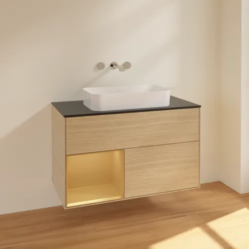 Bild von VILLEROY BOCH Finion Waschbeckenunterschrank, mit Beleuchtung, 2 Auszüge, 1000 x 603 x 501 mm, Oak Veneer / Gold Matt Lacquer / Glass Black Matt #F652HFPC