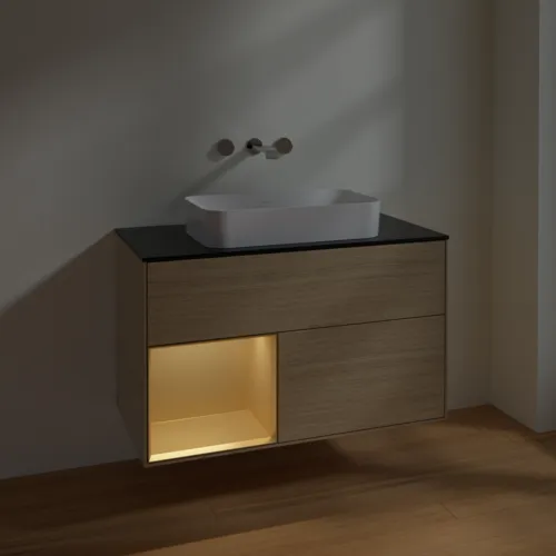 Bild von VILLEROY BOCH Finion Waschbeckenunterschrank, mit Beleuchtung, 2 Auszüge, 1000 x 603 x 501 mm, Oak Veneer / Gold Matt Lacquer / Glass Black Matt #F652HFPC