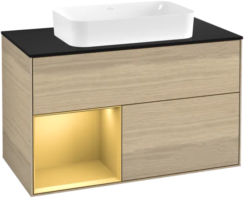 Bild von VILLEROY BOCH Finion Waschbeckenunterschrank, mit Beleuchtung, 2 Auszüge, 1000 x 603 x 501 mm, Oak Veneer / Gold Matt Lacquer / Glass Black Matt #F652HFPC