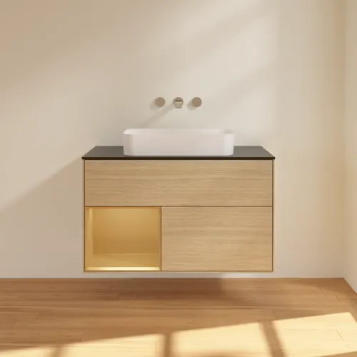 Bild von VILLEROY BOCH Finion Waschbeckenunterschrank, mit Beleuchtung, 2 Auszüge, 1000 x 603 x 501 mm, Oak Veneer / Gold Matt Lacquer / Glass Black Matt #F652HFPC