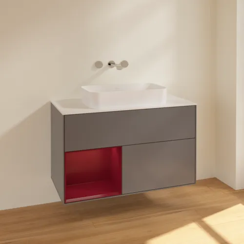 Picture of VILLEROY BOCH Finion Vanity unit, with lighting, 2 pull-out compartments, 1000 x 603 x 501 mm, Anthracite Matt Lacquer / Peony Matt Lacquer / Glass White Matt #F651HBGK