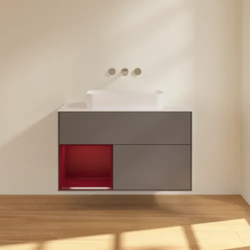 Picture of VILLEROY BOCH Finion Vanity unit, with lighting, 2 pull-out compartments, 1000 x 603 x 501 mm, Anthracite Matt Lacquer / Peony Matt Lacquer / Glass White Matt #F651HBGK