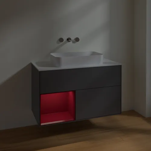 Picture of VILLEROY BOCH Finion Vanity unit, with lighting, 2 pull-out compartments, 1000 x 603 x 501 mm, Anthracite Matt Lacquer / Peony Matt Lacquer / Glass White Matt #F651HBGK