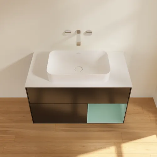 Bild von VILLEROY BOCH Finion Waschbeckenunterschrank, mit Beleuchtung, 2 Auszüge, 1000 x 603 x 501 mm, Black Matt Lacquer / Olive Matt Lacquer / Glass White Matt #F661GMPD