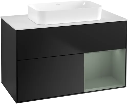 Bild von VILLEROY BOCH Finion Waschbeckenunterschrank, mit Beleuchtung, 2 Auszüge, 1000 x 603 x 501 mm, Black Matt Lacquer / Olive Matt Lacquer / Glass White Matt #F661GMPD