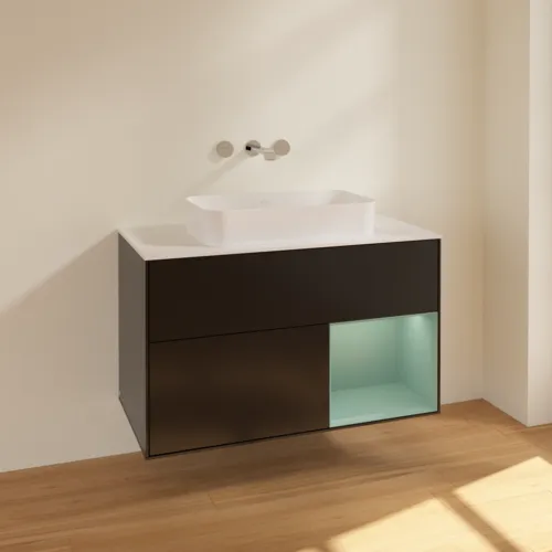 Bild von VILLEROY BOCH Finion Waschbeckenunterschrank, mit Beleuchtung, 2 Auszüge, 1000 x 603 x 501 mm, Black Matt Lacquer / Olive Matt Lacquer / Glass White Matt #F661GMPD