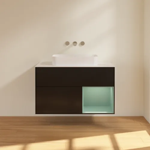 Bild von VILLEROY BOCH Finion Waschbeckenunterschrank, mit Beleuchtung, 2 Auszüge, 1000 x 603 x 501 mm, Black Matt Lacquer / Olive Matt Lacquer / Glass White Matt #F661GMPD