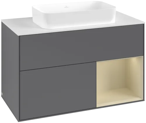 Obrázek VILLEROY BOCH Toaletní skříňka Finion, s osvětlením, 2 výsuvy, 1000 x 603 x 501 mm, antracit matný lak / hedvábně šedý matný lak / sklo bílé matné #F661HJGK