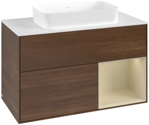 Bild von VILLEROY BOCH Finion Waschbeckenunterschrank, mit Beleuchtung, 2 Auszüge, 1000 x 603 x 501 mm, Walnut Veneer / Silk Grey Matt Lacquer / Glass White Matt #F661HJGN
