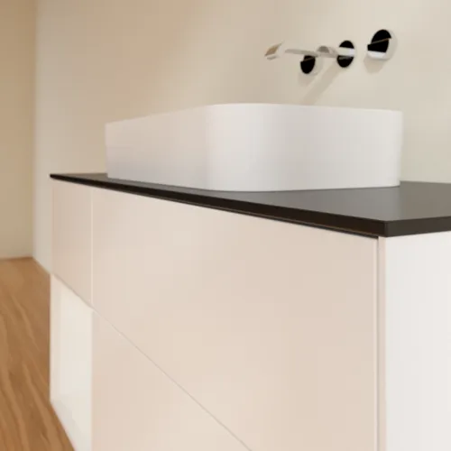 Bild von VILLEROY BOCH Finion Waschbeckenunterschrank, mit Beleuchtung, 3 Auszüge, 1200 x 603 x 501 mm, White Matt Lacquer / Glossy White Lacquer / Glass Black Matt #F702GFMT