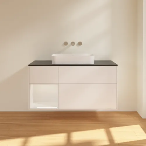 Bild von VILLEROY BOCH Finion Waschbeckenunterschrank, mit Beleuchtung, 3 Auszüge, 1200 x 603 x 501 mm, White Matt Lacquer / Glossy White Lacquer / Glass Black Matt #F702GFMT