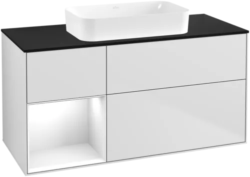 Bild von VILLEROY BOCH Finion Waschbeckenunterschrank, mit Beleuchtung, 3 Auszüge, 1200 x 603 x 501 mm, White Matt Lacquer / Glossy White Lacquer / Glass Black Matt #F702GFMT