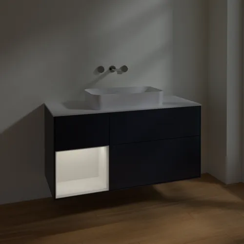 Bild von VILLEROY BOCH Finion Waschbeckenunterschrank, mit Beleuchtung, 3 Auszüge, 1200 x 603 x 501 mm, Midnight Blue Matt Lacquer / Glossy White Lacquer / Glass White Matt #F701GFHG