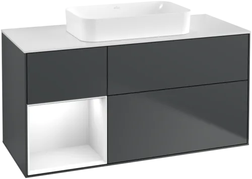 Bild von VILLEROY BOCH Finion Waschbeckenunterschrank, mit Beleuchtung, 3 Auszüge, 1200 x 603 x 501 mm, Midnight Blue Matt Lacquer / Glossy White Lacquer / Glass White Matt #F701GFHG