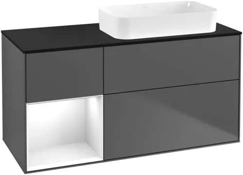 Bild von VILLEROY BOCH Finion Waschbeckenunterschrank, mit Beleuchtung, 3 Auszüge, 1200 x 603 x 501 mm, Anthracite Matt Lacquer / Glossy White Lacquer / Glass Black Matt #F682GFGK