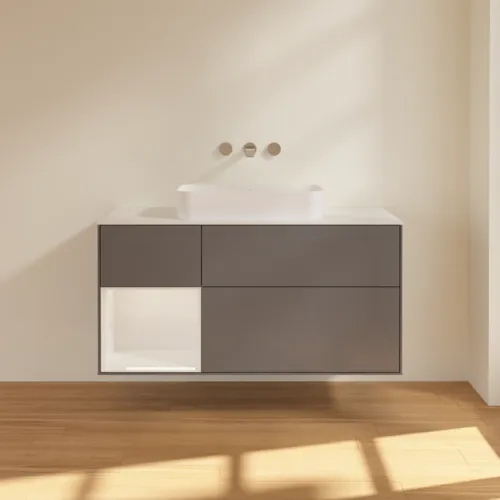 Picture of VILLEROY BOCH Finion Vanity unit, with lighting, 3 pull-out compartments, 1200 x 603 x 501 mm, Anthracite Matt Lacquer / Glossy White Lacquer / Glass White Matt #F701GFGK