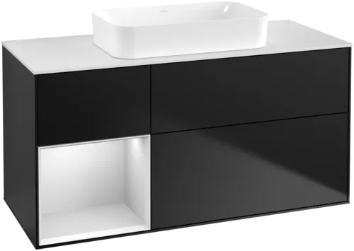 Bild von VILLEROY BOCH Finion Waschbeckenunterschrank, mit Beleuchtung, 3 Auszüge, 1200 x 603 x 501 mm, Black Matt Lacquer / White Matt Lacquer / Glass White Matt #F701MTPD