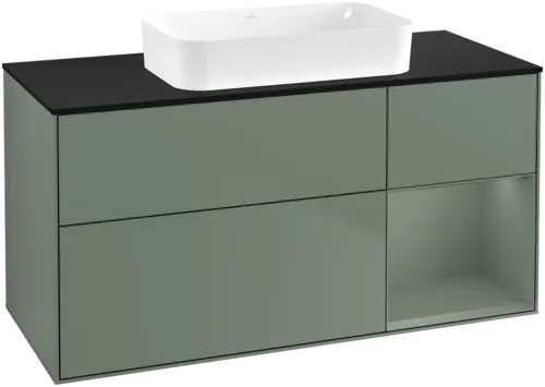 Bild von VILLEROY BOCH Finion Waschbeckenunterschrank, mit Beleuchtung, 3 Auszüge, 1200 x 603 x 501 mm, Olive Matt Lacquer / Olive Matt Lacquer / Glass Black Matt #F712GMGM