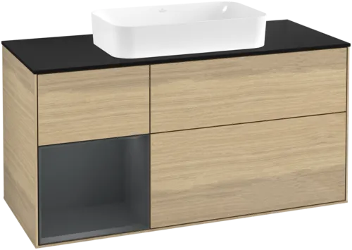 Bild von VILLEROY BOCH Finion Waschbeckenunterschrank, mit Beleuchtung, 3 Auszüge, 1200 x 603 x 501 mm, Oak Veneer / Midnight Blue Matt Lacquer / Glass Black Matt #F702HGPC