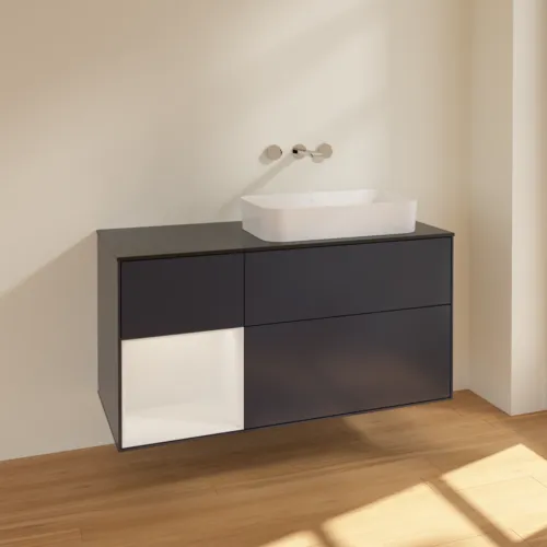 Bild von VILLEROY BOCH Finion Waschbeckenunterschrank, mit Beleuchtung, 3 Auszüge, 1200 x 603 x 501 mm, Midnight Blue Matt Lacquer / Glossy White Lacquer / Glass Black Matt #F682GFHG
