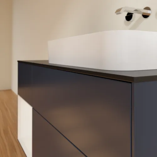 Bild von VILLEROY BOCH Finion Waschbeckenunterschrank, mit Beleuchtung, 3 Auszüge, 1200 x 603 x 501 mm, Midnight Blue Matt Lacquer / Glossy White Lacquer / Glass Black Matt #F682GFHG