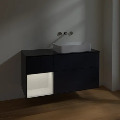 Bild von VILLEROY BOCH Finion Waschbeckenunterschrank, mit Beleuchtung, 3 Auszüge, 1200 x 603 x 501 mm, Midnight Blue Matt Lacquer / Glossy White Lacquer / Glass Black Matt #F682GFHG