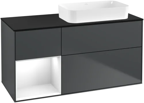 Bild von VILLEROY BOCH Finion Waschbeckenunterschrank, mit Beleuchtung, 3 Auszüge, 1200 x 603 x 501 mm, Midnight Blue Matt Lacquer / Glossy White Lacquer / Glass Black Matt #F682GFHG