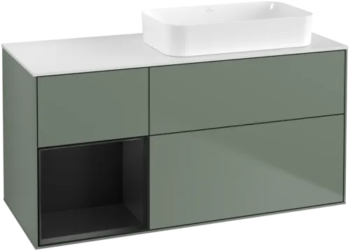 Bild von VILLEROY BOCH Finion Waschbeckenunterschrank, mit Beleuchtung, 3 Auszüge, 1200 x 603 x 501 mm, Olive Matt Lacquer / Black Matt Lacquer / Glass White Matt #F681PDGM