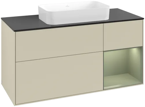 Bild von VILLEROY BOCH Finion Waschbeckenunterschrank, mit Beleuchtung, 3 Auszüge, 1200 x 603 x 501 mm, Silk Grey Matt Lacquer / Olive Matt Lacquer / Glass Black Matt #F712GMHJ