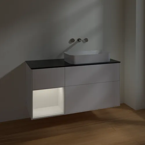 Bild von VILLEROY BOCH Finion Waschbeckenunterschrank, mit Beleuchtung, 3 Auszüge, 1200 x 603 x 501 mm, White Matt Lacquer / Glossy White Lacquer / Glass Black Matt #F682GFMT