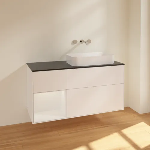 Bild von VILLEROY BOCH Finion Waschbeckenunterschrank, mit Beleuchtung, 3 Auszüge, 1200 x 603 x 501 mm, White Matt Lacquer / Glossy White Lacquer / Glass Black Matt #F682GFMT