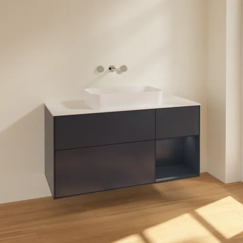 Bild von VILLEROY BOCH Finion Waschbeckenunterschrank, mit Beleuchtung, 3 Auszüge, 1200 x 603 x 501 mm, Midnight Blue Matt Lacquer / Midnight Blue Matt Lacquer / Glass White Matt #F711HGHG