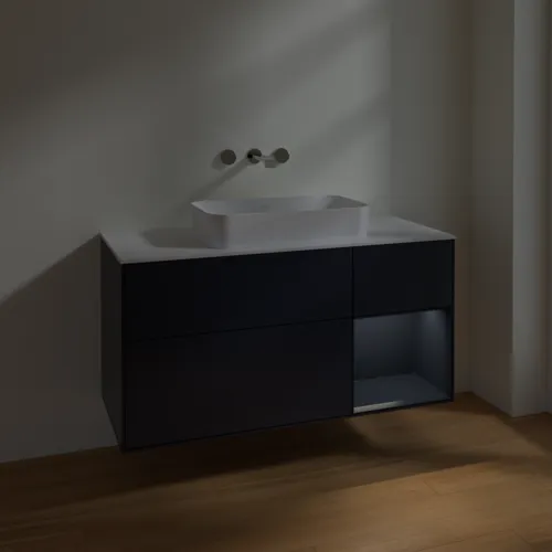 Bild von VILLEROY BOCH Finion Waschbeckenunterschrank, mit Beleuchtung, 3 Auszüge, 1200 x 603 x 501 mm, Midnight Blue Matt Lacquer / Midnight Blue Matt Lacquer / Glass White Matt #F711HGHG