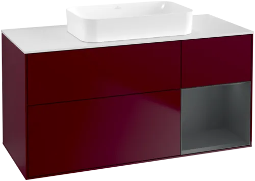 Obrázek VILLEROY BOCH Toaletní skříňka Finion, s osvětlením, 3 výsuvy, 1200 x 603 x 501 mm, Pivoňka matný lak / Půlnoční modrá matný lak / Sklo bílé matné #F711HGHB