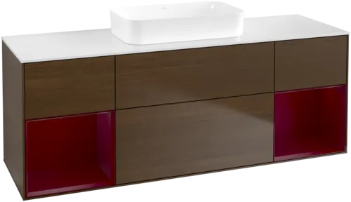 Bild von VILLEROY BOCH Finion Waschbeckenunterschrank, mit Beleuchtung, 4 Auszüge, 1600 x 603 x 501 mm, Walnut Veneer / Peony Matt Lacquer / Glass White Matt #F741HBGN