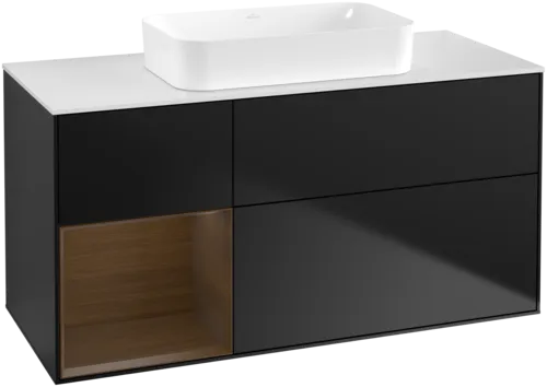 Bild von VILLEROY BOCH Finion Waschbeckenunterschrank, mit Beleuchtung, 3 Auszüge, 1200 x 603 x 501 mm, Black Matt Lacquer / Walnut Veneer / Glass White Matt #F701GNPD