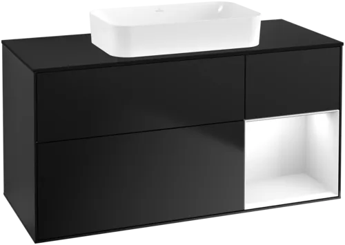 Obrázek VILLEROY BOCH Toaletní skříňka Finion, s osvětlením, 3 výsuvy, 1200 x 603 x 501 mm, černý matný lak / bílý lesklý lak / černé matné sklo #F712GFPD